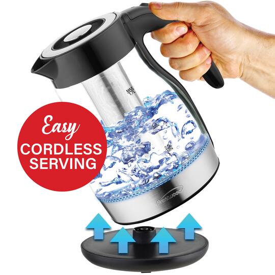 Brentwood 1.79qt. Cordless Glass Electric Kettle with Tea Infuser and Swivel Base